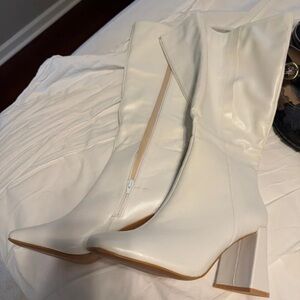 Magnolia White Mid-Calf Block Heel Boots